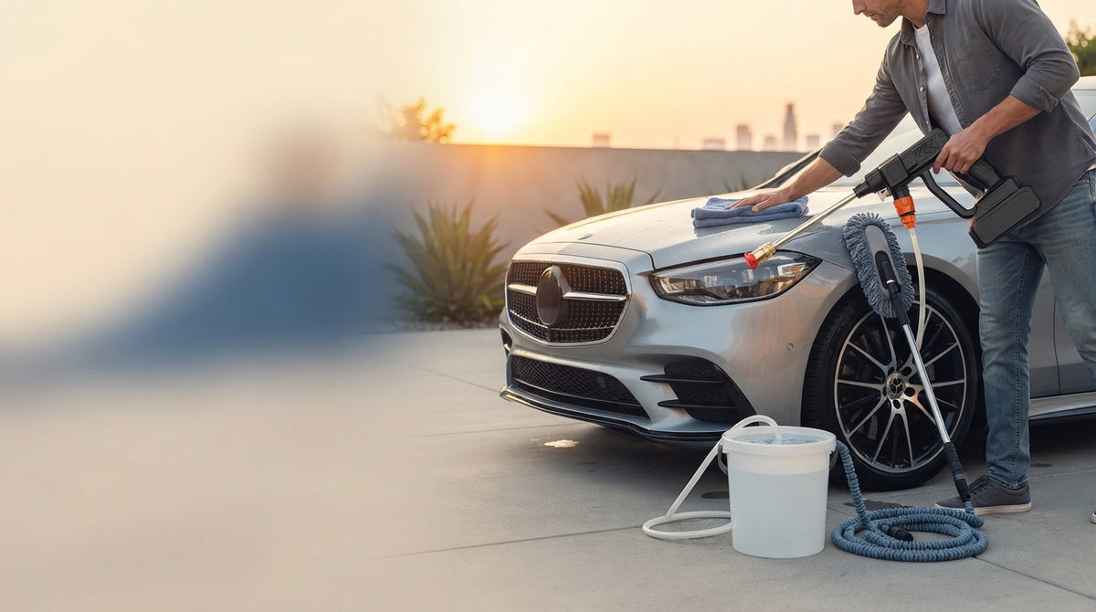 A person cleaning a car in a modern driveway with various car detailing tools, captured in a clean, lifestyle-oriented settin