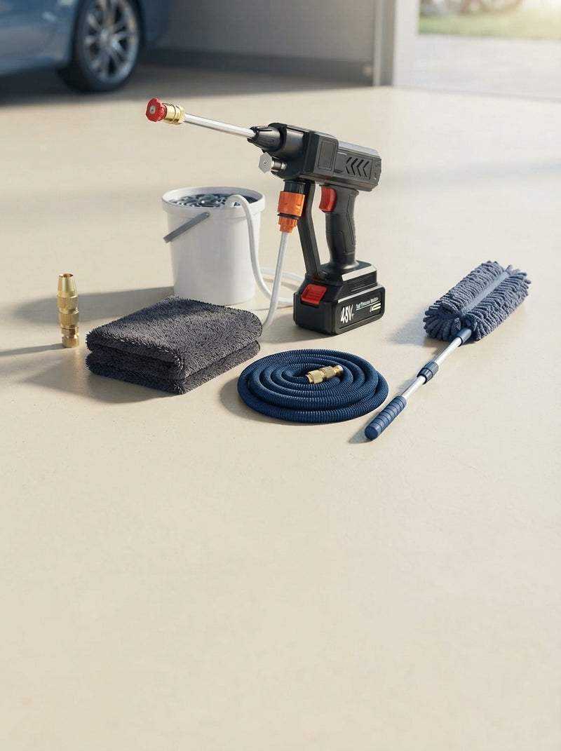 A collection of car cleaning tools including a pressure spray gun, brass nozzle, microfiber towel, hose, and duster on a gara