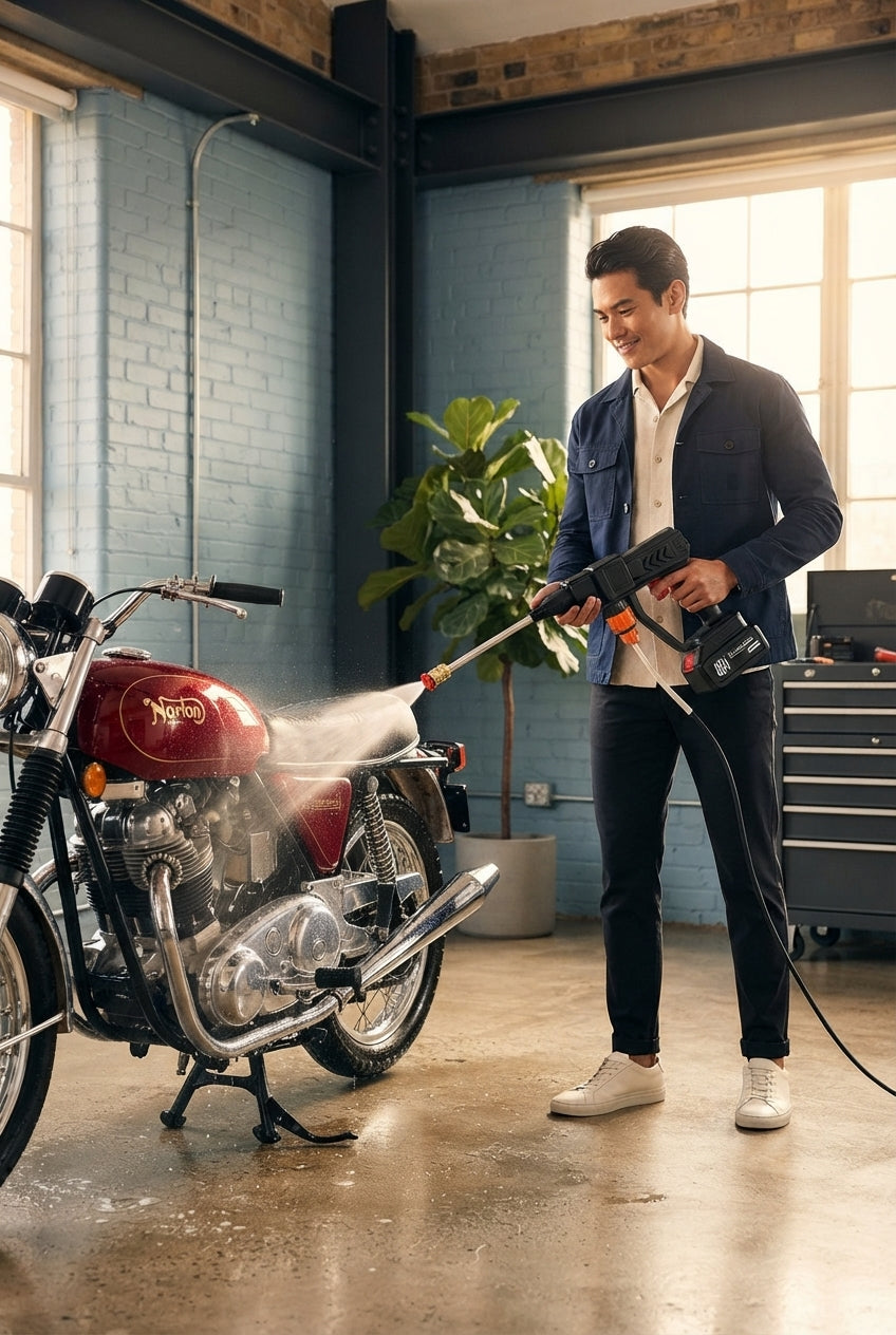 A person using a cordless high-pressure spray gun to clean a motorcycle in a sunlit, modern workspace.