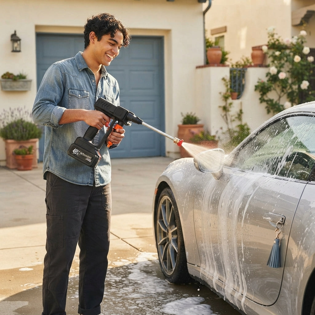 A person using a cordless high-pressure spray gun to wash a car in a sunny driveway with visible soap suds.